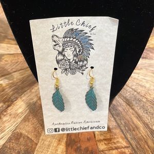 Handmade green leaf metal gold tone earrings